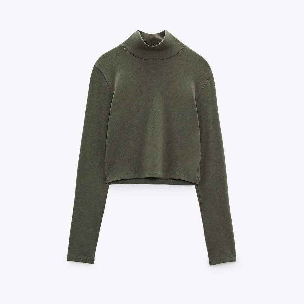 Zara Mock Neck Long Sleeve Crop - Military Green (Size Large)